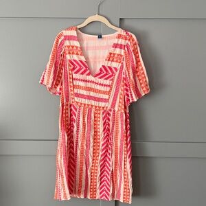 V-Neck Short Sleeve Pink & Orange Patterned Women’s Dress